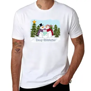 Семья снеговиков, футболка с Рождеством, пустые футболки, летние футболки, мужская милая одежда, мужская одежда