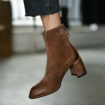 Сзади молнии, ретро-обувь на высоком каблуке 7 см, теплые женские ботинки, размер 42, Европейская женская обувь с круглым носком, зимние ботинки из свиной кожи