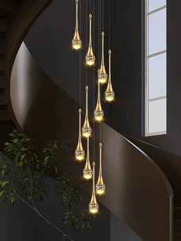 Современная Золотая люстра, подвесной светильник для гостиной, Двухуровневая люстра в стиле Лофт, Минималистичная Креативная Хрустальная люстра для лестницы