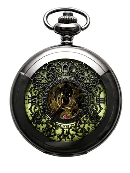 Старинные механические карманные часы, светящиеся карманные часы в стиле стимпанк с цепочкой, черный скелет, циферблат с римскими цифрами, карманные часы