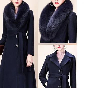 Темно-синее шерстяное пальто с большим съемным воротником из лисьего меха, однобортные куртки с поясом, женская зимняя модная элегантная верхняя одежда