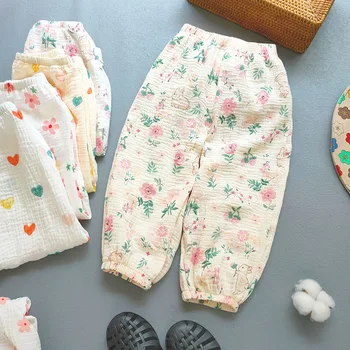 Хлопковые муслиновые летние штаны от комаров для мальчиков и девочек для маленьких девочек, тонкие бамбуковые шаровары, модные домашние брюки, Корейская детская одежда