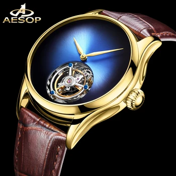 Часы с турбийоном AESOP Leopard Eye, Сапфировый циферблат, Оригинальный полый механизм, Механические мужские наручные часы, Кожаные часы