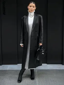 Черный Длинный Непромокаемый кожаный тренч, женское Модное свободное пальто из искусственной кожи с отворотом и длинным рукавом 2023, зимняя уличная одежда в стиле ретро для леди