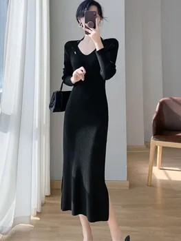 Элегантное вязаное женское платье с длинным рукавом, Корейское модное платье с разрезом, Приталенное платье Миди Fairycore с V-образным вырезом, новое Осенне-зимнее платье 2023 года.