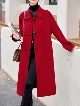 Элегантное шерстяное пальто, женская уличная одежда с длинным рукавом, винтажные куртки, повседневный кукольный воротник, роговая пуговица, 2023, Новые осенне-зимние пальто