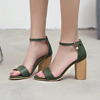 Элегантные женские босоножки, летняя обувь с ремешком на щиколотке, открытым носком, шлепанцы на высоком массивном каблуке, женские зеленые вечерние туфли-лодочки большого размера 48