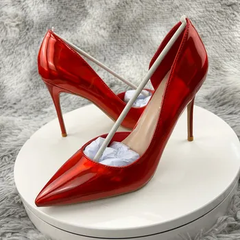 Электролюминесцентный красный боковой пустой острый носок на высоком тонком каблуке 12 см 10 см 8 см для работы в ночном клубе, большие размеры 33-46, лаконичные женские туфли-лодочки